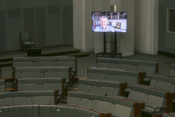 Videoconference capabilities in the House of Representatives are tested out with Shadow Attorney-General Mark Dreyfus ahead of the resumption of Parliament.