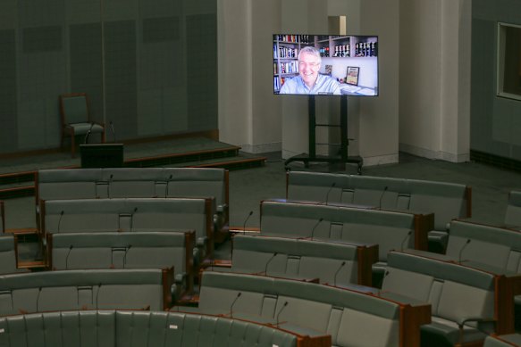 Videoconference capabilities in the House of Representatives are tested out with Shadow Attorney-General Mark Dreyfus ahead of the resumption of Parliament.