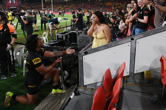 Brian To’o pops the question to a shocked Moesha Crichton-Ropati after Sunday’s NRL grand final.