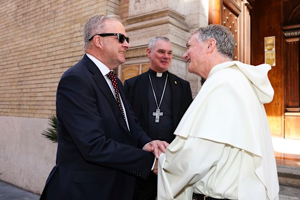 Anthony Albanese with Archbishop of Melbourne Peter Comensoli and Archbishop of Sydney Anthony Fisher in Rome.