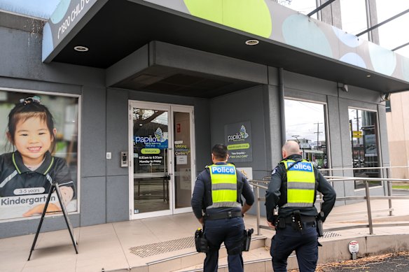 Police visit the Papilio Early Learning Centre in Essendon on Tuesday morning.