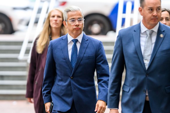 California Attorney General Rob Bonta arrives at the courthouse on Tuesday.