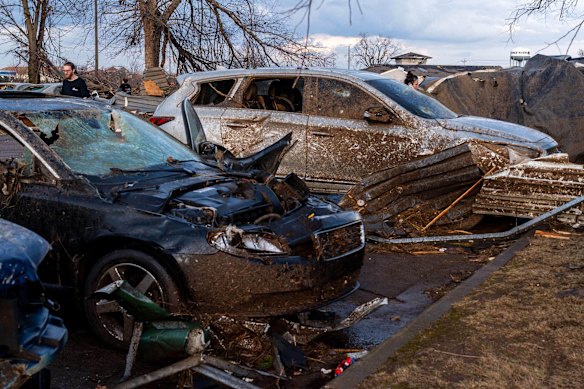 Damage is seen to vehicles after a reported tornado in Three Rivers, Michigan.