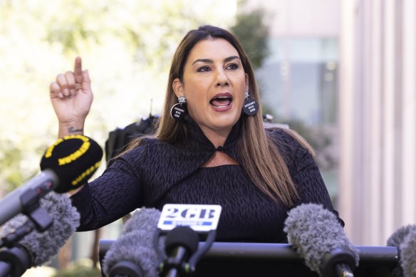 Senator Lidia Thorpe delivers a statement to the media at Parliament House in Canberra on Monday.