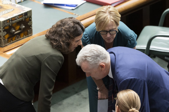 Allegra Spender and Zoe Daniel in discussion with Leader of the House Tony Burke during Question Time. 