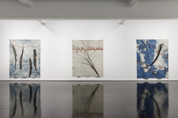Installation view of Judy Watson's show "memory scars, dreams and gardens" at Tolarno Galleries.