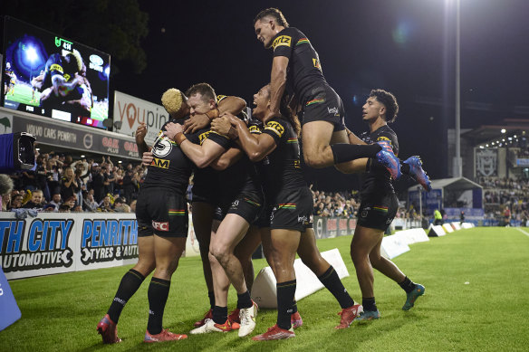 Make that six on the trot ... Penrith celebrated a 40-12 victory against Brisbane.