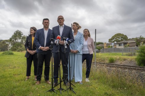 Opposition leader Peter Dutton was flanked by federal colleagues in Frankston on Friday.