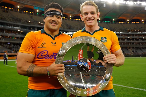 Hunter Paisami and Max Jorgensen celebrate after beating South Africa on Sunday.