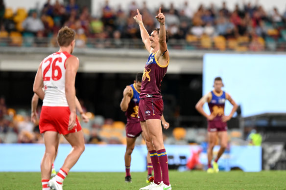 Joe Daniher is all smiles after scoring but it was not the Lions’ night.