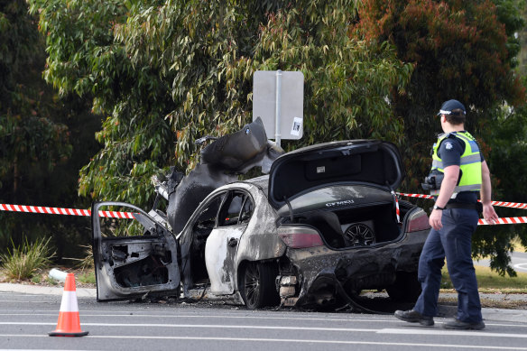 The burnt out BMW on Toorak Road. 