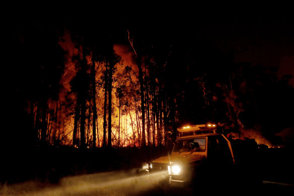 Department of Environment, Land, Water and Planning and CFA crews monitor fires and begin back burns between the towns of Orbost and Lakes Entrance in East Gipplsland in 2020.