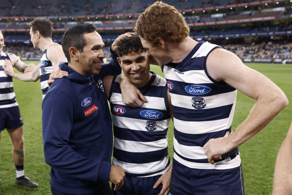 With Tyson Stengle (centre) and Gary Rohan last year as the Geelong Cats stalked a premiership flag.