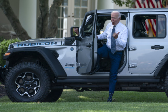 US President Joe Biden, seen here in a hybrid Jeep Wangler Rubicon, has said he wants half of all cars in the US to be electric by 2030.  