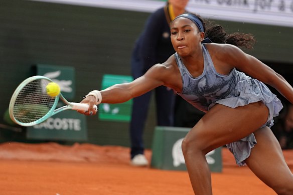Coco Gauff of the US plays a shot against Aryna Sabalenka of Belarus.