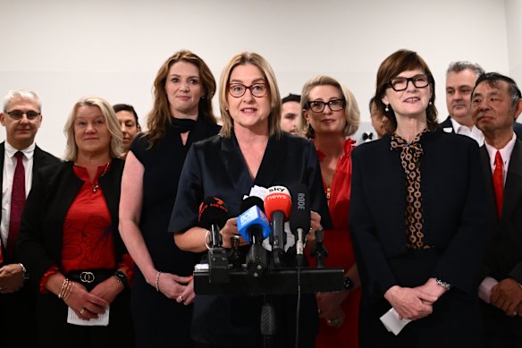 Victorian Premier Jacinta Allan with several members of her government who were invited to defend the handling of the CFMEU scandal.