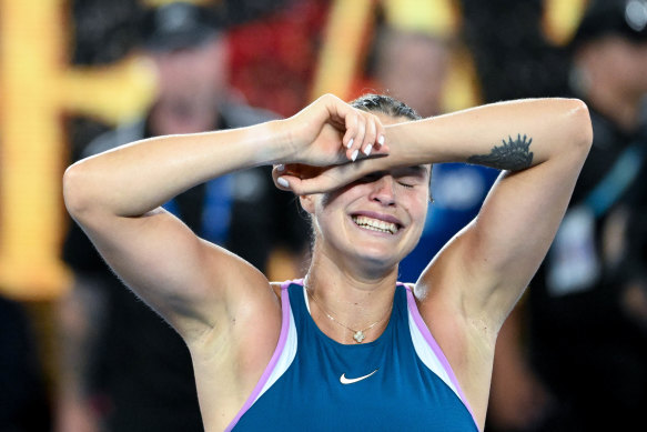 Aryna Sabalenka lets the emotions flow after her gripping women’s final victory.