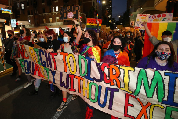 Protestors marched against Citipointe Christian College’s request for students to sign an enrolment contract agreeing to their biological gender and denouncing homosexuality earlier this year.