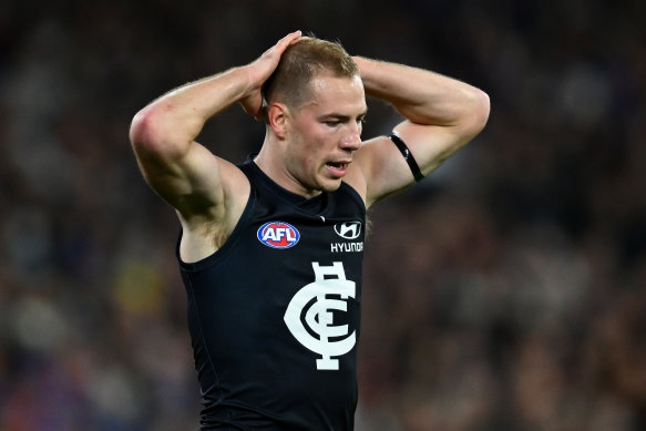 Harry McKay catches his breath during Carlton’s round 13 loss to Essendon.