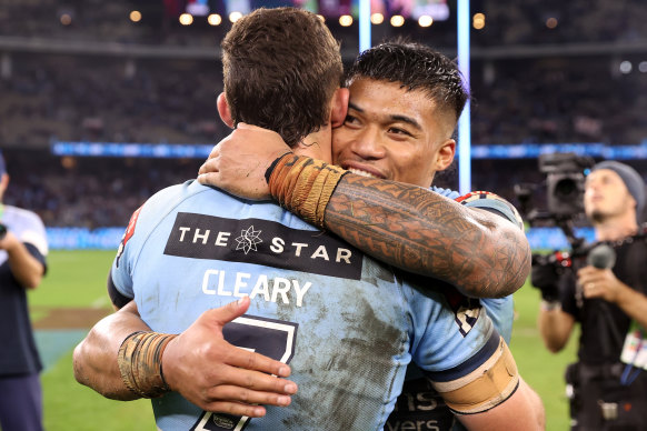 Brian To’o celebrates with Panthers teammate Nathan Cleary.