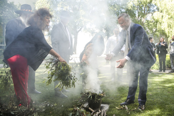 Labor Minister Malarndirri McCarthy and Prime Minister Anthony Albanese during a Welcome to Country and smoking ceremony at Parliament House in Canberra.