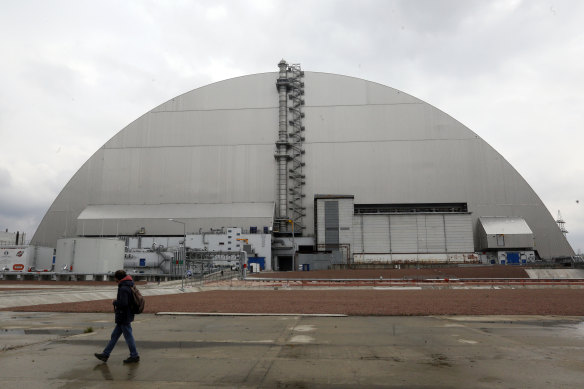 The enormous protective dome over the top of the exploded Chernobyl reactor building. 