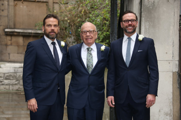 Lachlan, (left), Rupert and James Murdoch in happier times.