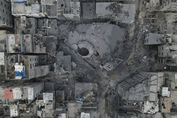 The rubble of the Sousi Mosque, Gaza, destroyed in an Israeli airstrike.