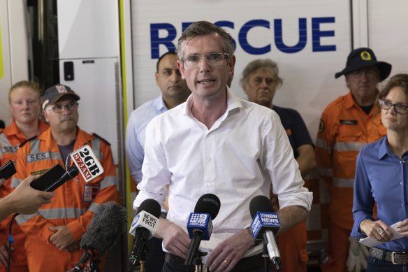 Premier Dominic Perrottet in Grafton on Wednesday ... his response to this disaster will be critical politically. 