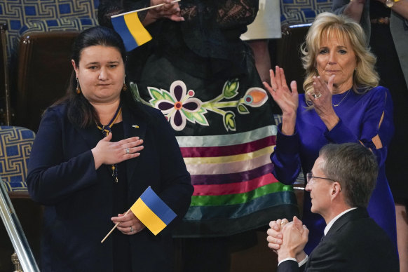 Ukraine Ambassador to the United States, Oksana Markarova, and First Lady Jill Biden at the State of the Union address.