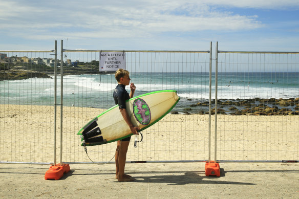 A surfer at fenced-off Bronte Beach in Sydney's east last month.