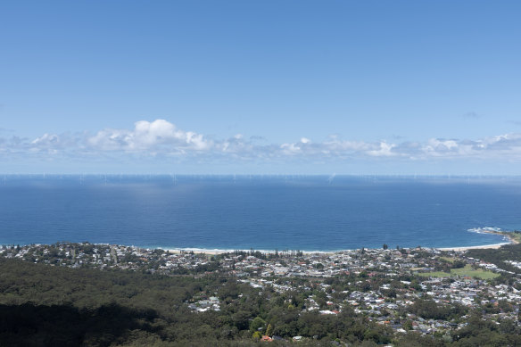 A government-supplied artist’s impression of what a wind farm off the Wollongong coast may look like.