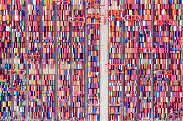 Shipping containers seen from above at the world’s biggest automated container port, Yangshan Deepwater Port in Shanghai.