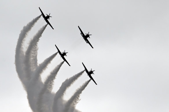 RAAF Roulettes during a media preview of the Avalon Australian International Airshow at Avalon Airport in Avalon, Victoria on Friday.