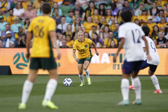 Tameka Yallop of Australia crosses the ball against Taiwan.