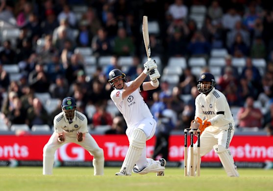 Jamie Smith finishes the Test against India with a six.