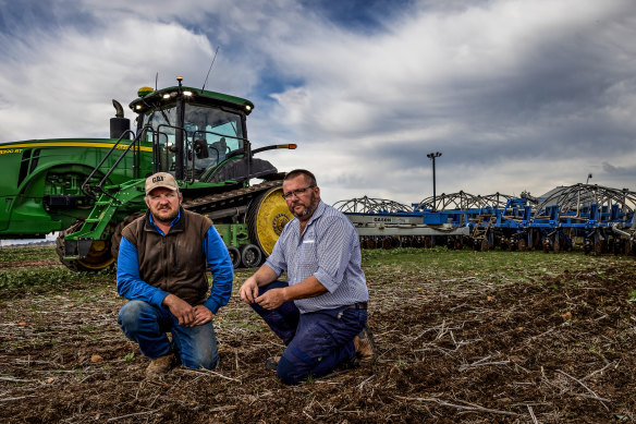 Farmers Jonathan Collins and Ashley Fraser in the field at Lilliput, near Rutherglen. 