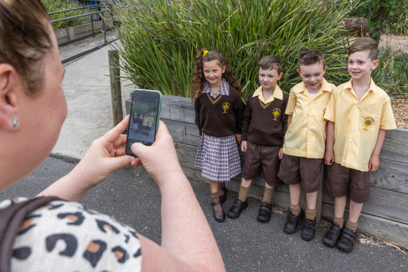 Prep students Marlow Mezo, Felix Cullen, Jack Moorcroft and Sullivan Callejan line up for a photo before their first day of school.