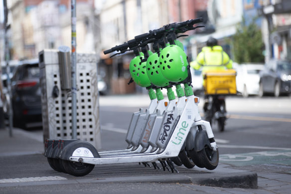 E-scooters parked on Brunswick Street in Fitzroy.