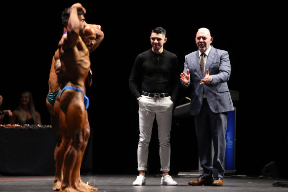 Boxer Michael Zerafa and promoter Tony Doherty cheer on the competitors during the IFBB Pro Qualifier and Pro Show at the Melbourne Convention and Exhibition Centre in April.