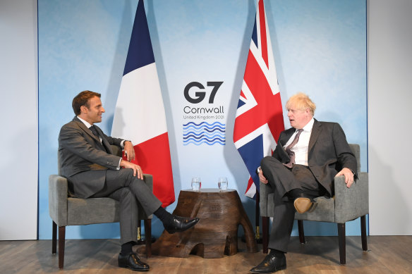 UK Prime Minister Boris Johnson meets French President Emmanuel Macron during the G7 summit.