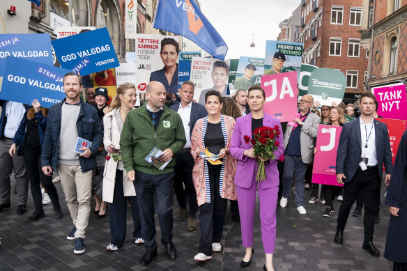 The five leaders of the political parties belonging to the ‘National Compromise’ campaign for a YES, including Prime Minister Mette Frederiksen (in purple), in the centre of Copenhagen on Wednesday.