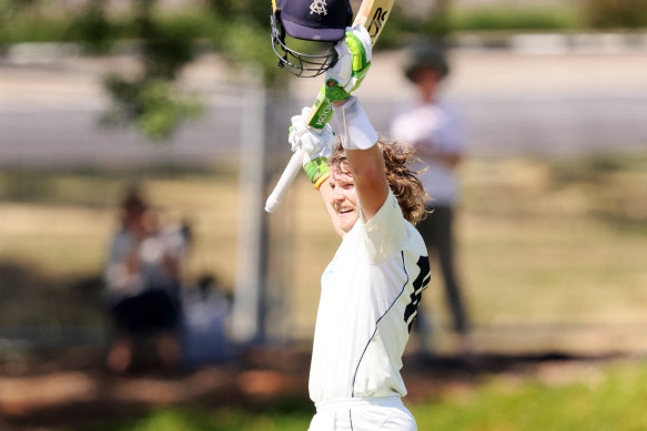 Will Pucovski celebrates his first century on Sunday. 