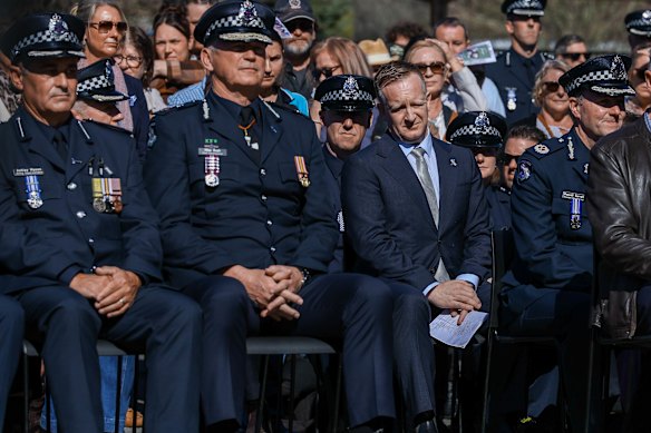 Victoria Police chief Mike Bush and  Police Minister Paul Edbrooke at a service in Bright. 