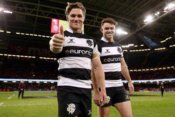 Michael Hooper and Andrew Kellaway pose for a photo after a Barbarians clash against Wales.
