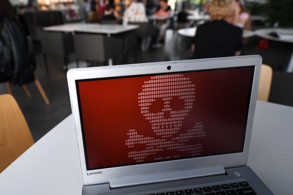 A computer hacked by a virus known as Petya in 2017.