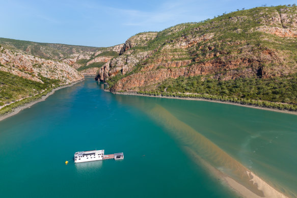 The newly renovated luxury houseboat called Jetwave Pearl is permanently moored near the Horizontal Falls.