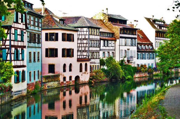 Half-timbered houses along the river in Strasbourg.