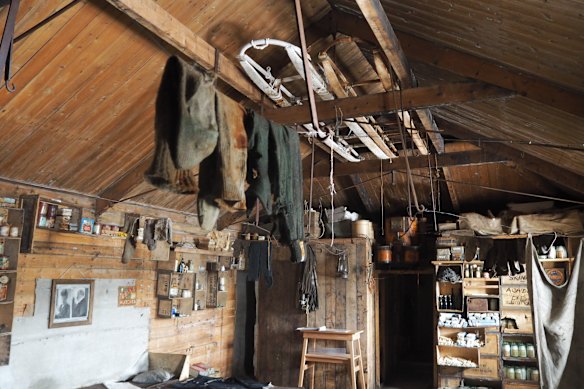 Sleds stored in the hut’s ceiling space.