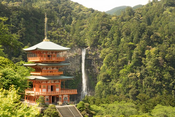 Seiganto-ji Temple and Nachi waterfall, a short walk on the Kumano Kodo pilgrimage route.